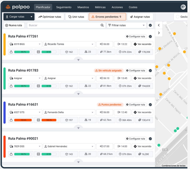 Planificador de rutas Polpoo: panel con rutas, vehículos e incidencias en tiempo real