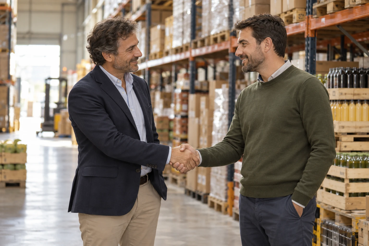 Un integrador de ERP y un responsable de PideFácil se dan la mano en el almacén de una distribuidora de alimentación